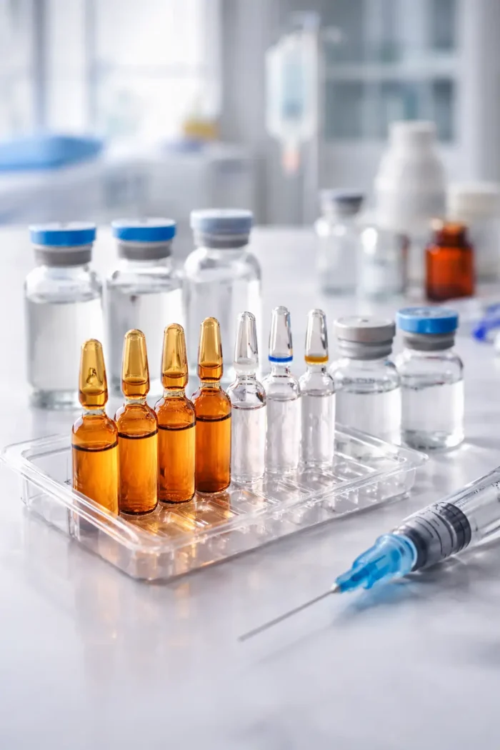 Ampollas farmacéuticas y viales inyectables utilizados en tratamientos hospitalarios y abastecimiento institucional de medicamentos.