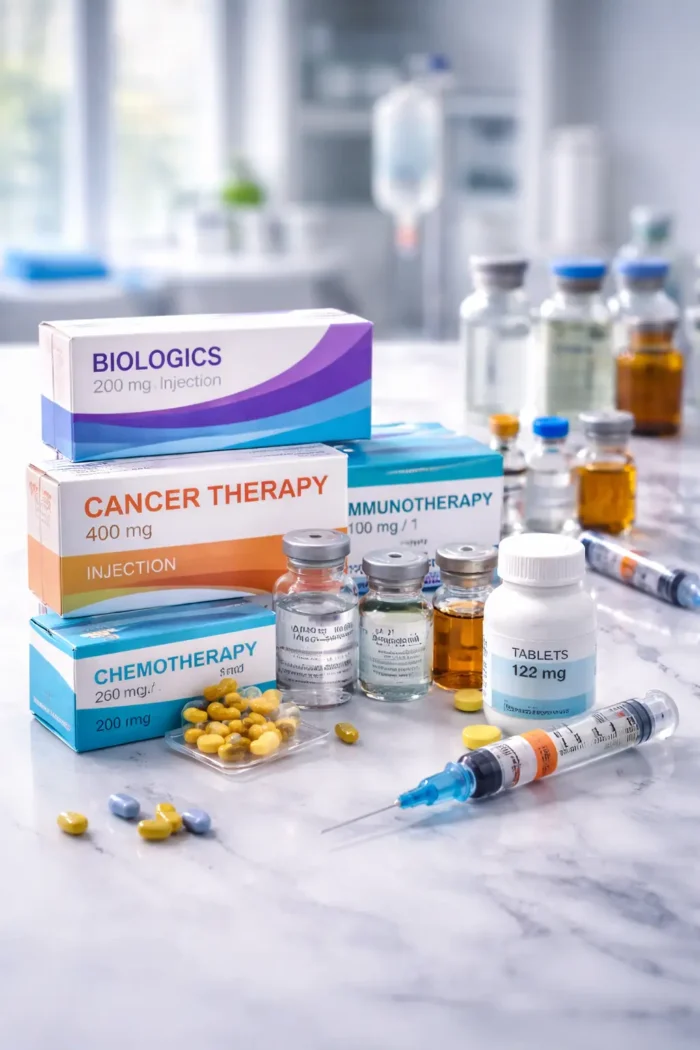 Medicamentos de alto costo con terapias biológicas, inmunoterapia y tratamientos especializados utilizados en clínicas y hospitales.