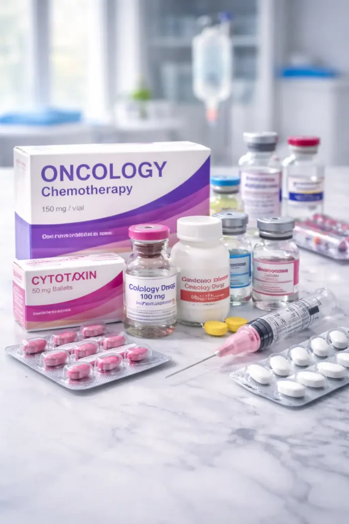 Medicamentos oncológicos utilizados en tratamientos de quimioterapia y terapias especializadas para pacientes con cáncer en hospitales y clínicas.