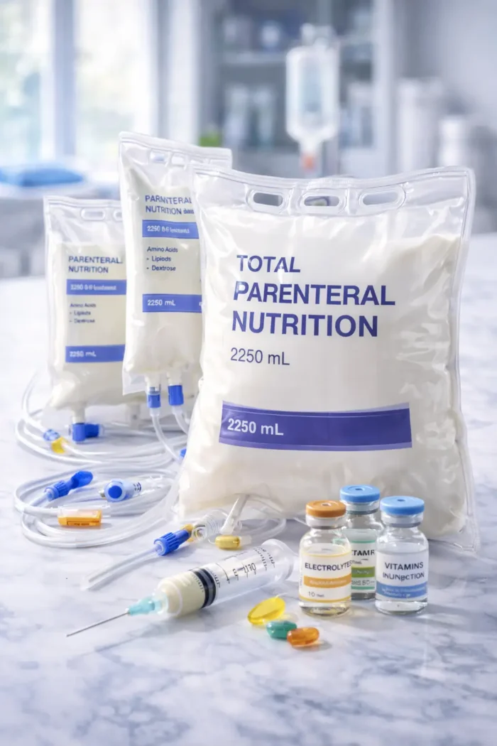 Bolsas de nutrición parenteral utilizadas en soporte nutricional clínico para pacientes hospitalizados en clínicas y hospitales.