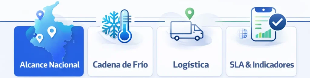 Ilustración de la operación logística de Emilab Solutions en Colombia que incluye alcance nacional, cadena de frío, logística de distribución y control de indicadores SLA en el sector salud.