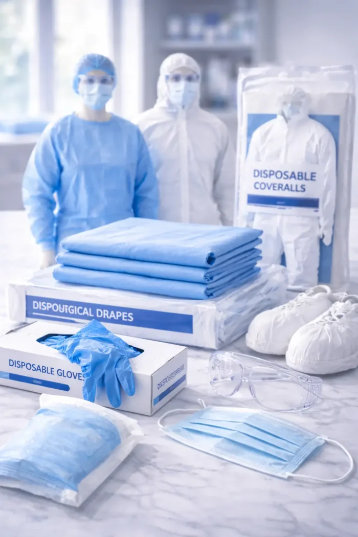Ropa médica descartable con guantes, mascarillas, batas quirúrgicas, gorros y elementos de protección personal utilizados en hospitales y clínicas.