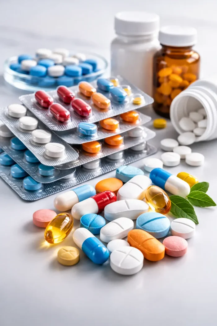 Medicamentos en tabletas y cápsulas organizados en blíster y frascos farmacéuticos utilizados en distribución institucional y hospitalaria.